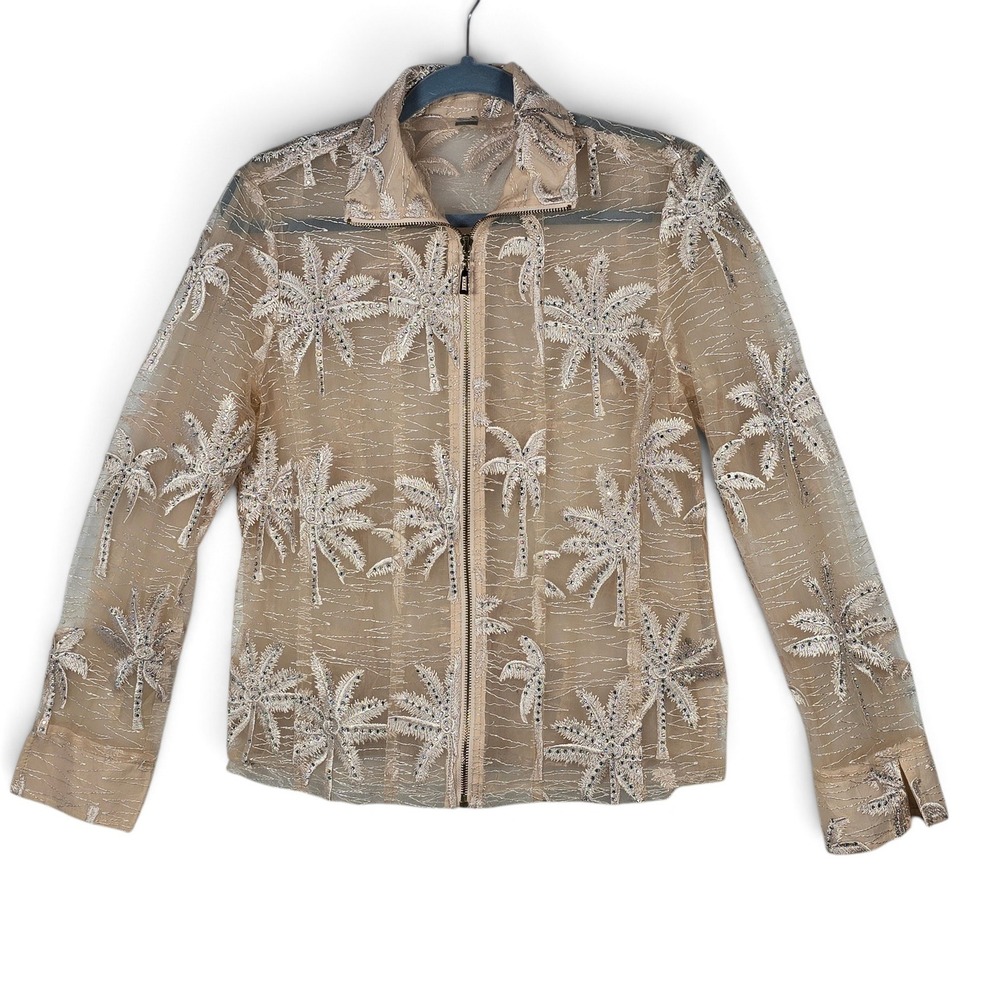 Rhinestone Embroidered Jacket Womens Medium Tan Palm Tree Mesh Sheer Zip Up Boho